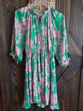 Umgee Green and Pink Floral Silky Ruffle-Neck Dress